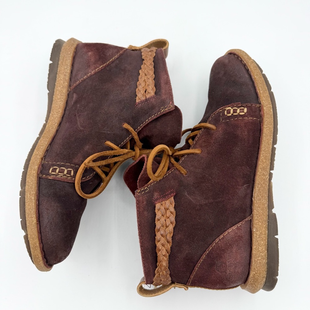 Born Temple Burgundy suede ankle boots leather laces braided ankle wrap - Picture 7 of 10
